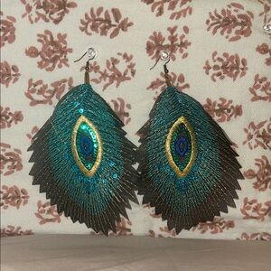 Peacock Feather Earrings with Gold Accents